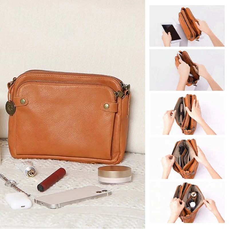 Three-Layer Crossbody Leather Shoulder Bag & Clutch